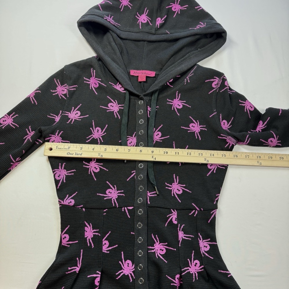 Betsey Johnson Y2K Spider Thermal Dress Sz  XS Black Pink Goth Witchy Hoodie - Picture 11 of 16
